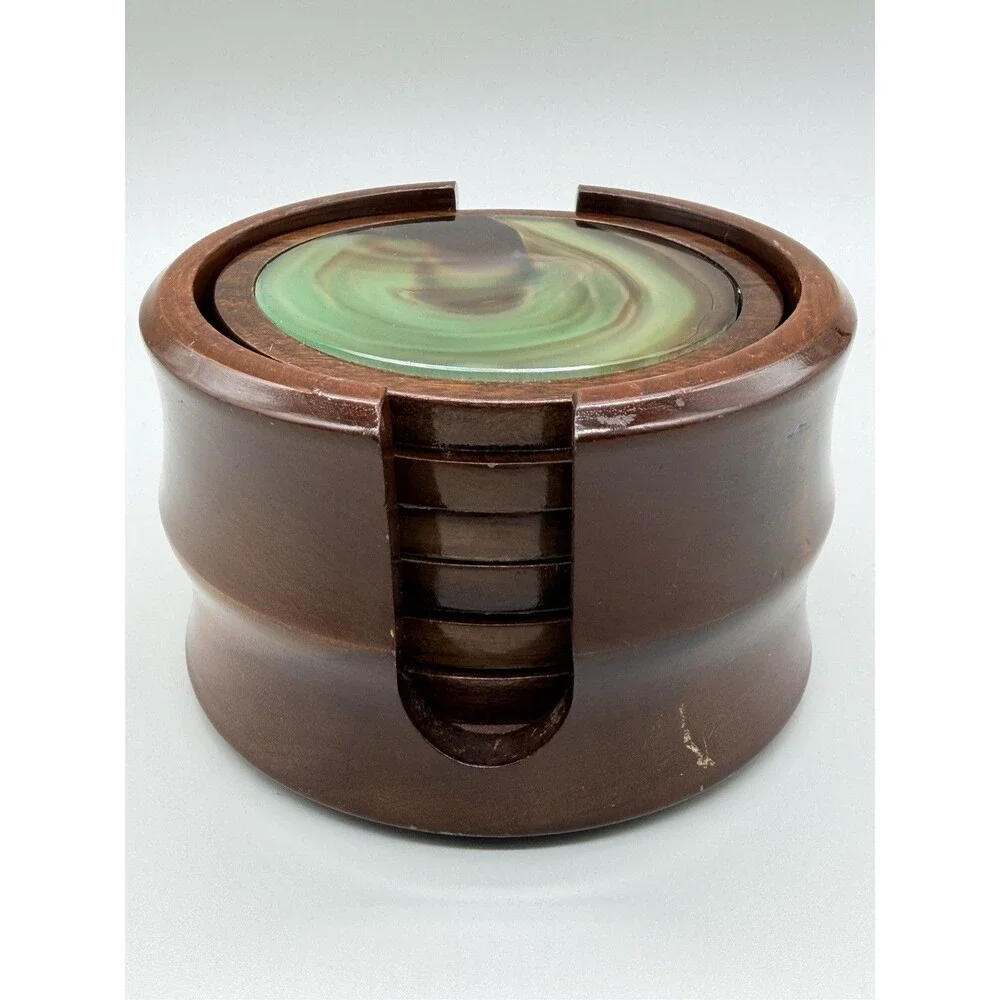 Vintage MCM Green Agate Wood Coaster Set Caddy Novelty Phallic UV Glow 7pc